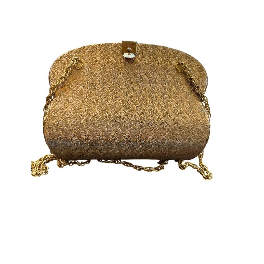 Gold Tone Woven metal hard shell Clutch with chain